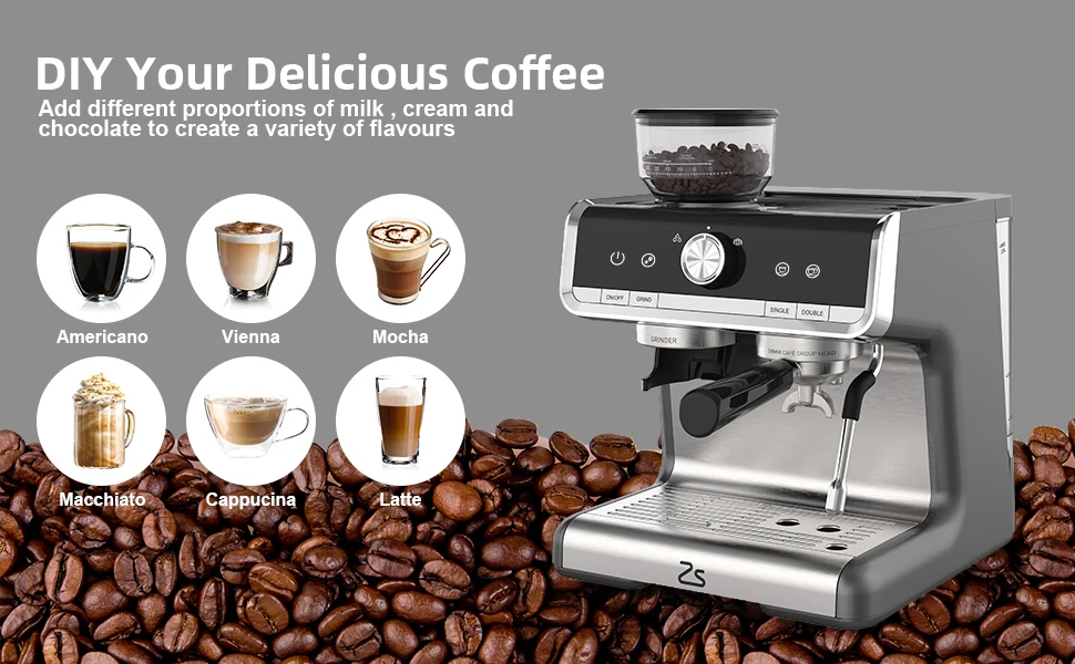 Espresso Coffee Machine with Grinder 20 Bar Semi-Automatic 20