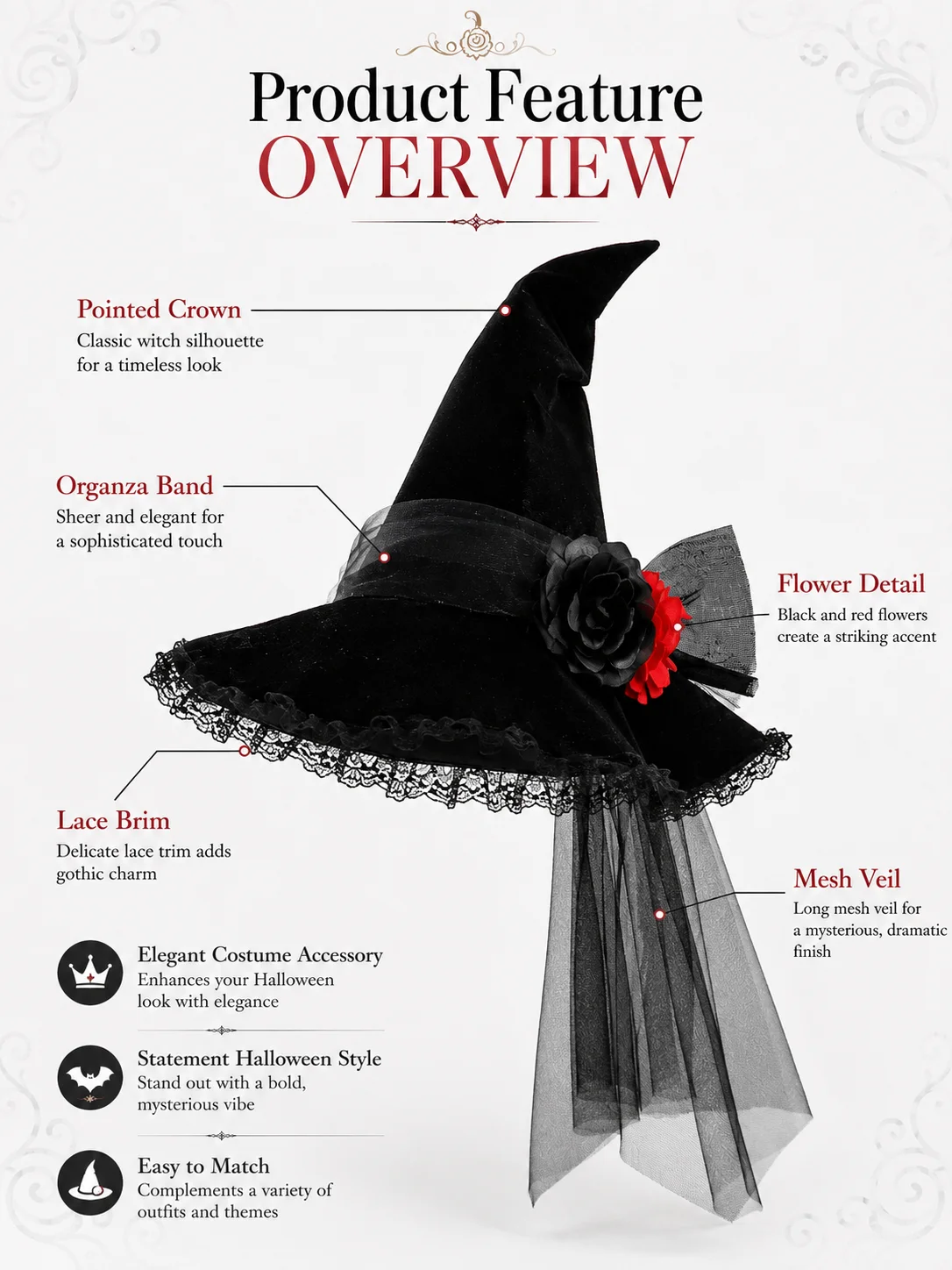 Lace Flower Tulle Witch Hat for Women Velvet Pointed Wide 15
