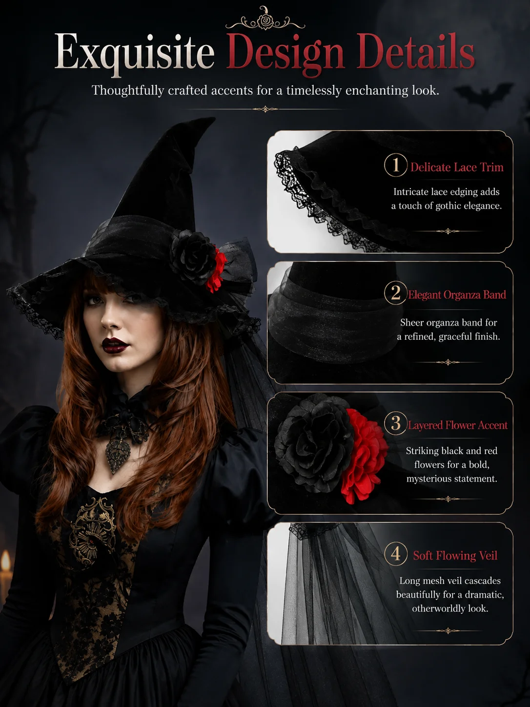 Lace Flower Tulle Witch Hat for Women Velvet Pointed Wide 12
