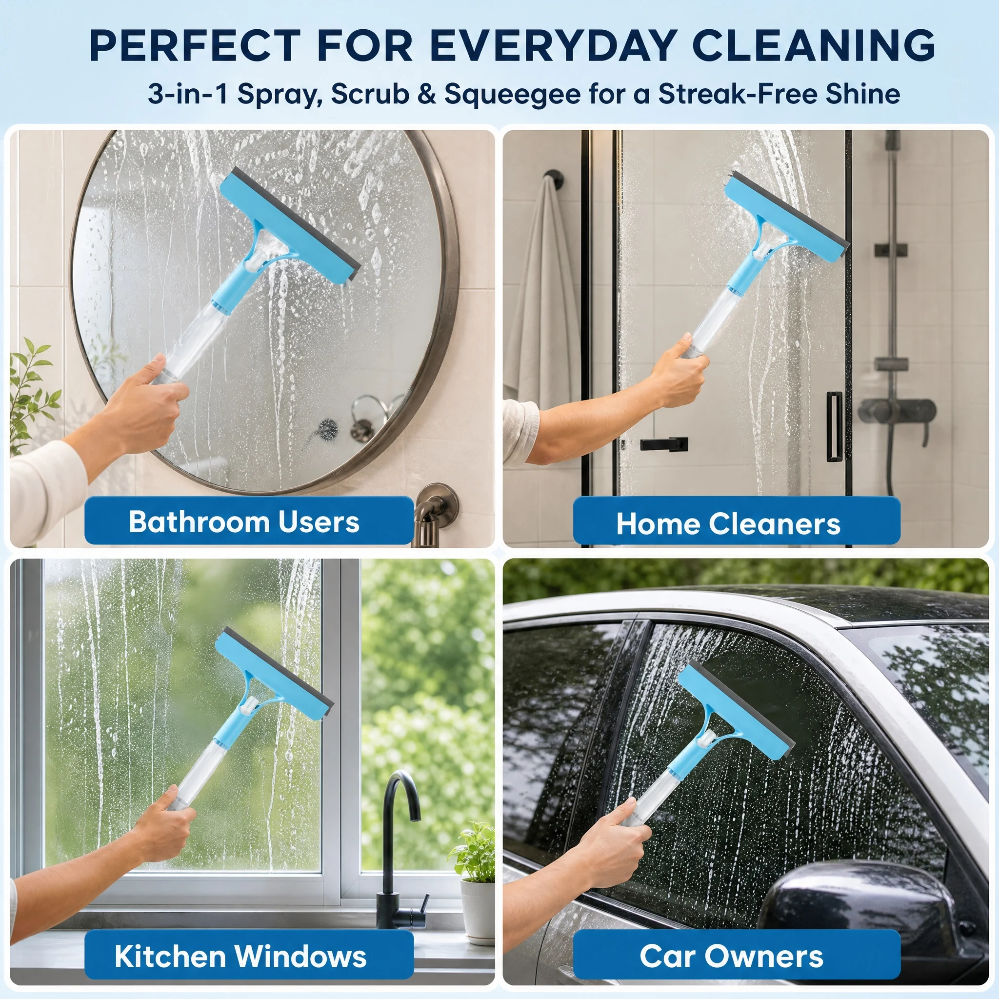 Window Squeegee with Built-In Spray 3-In-1 Glass Cleaner 6