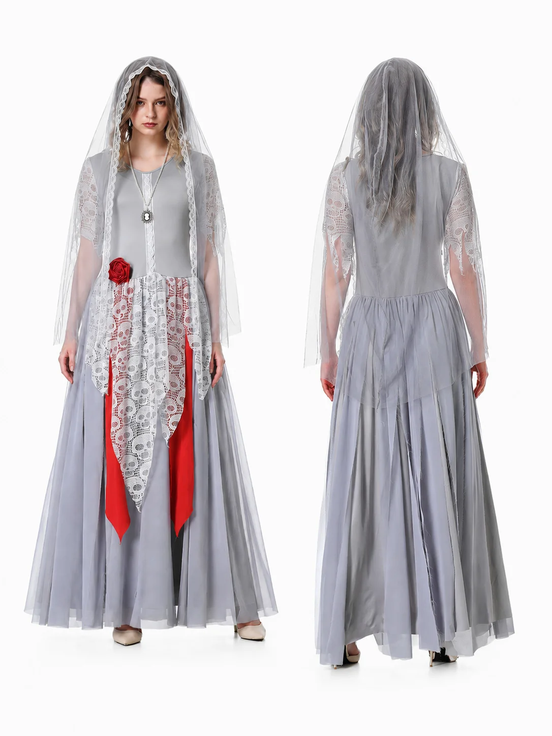 Women Halloween Ghost Bride Cosplay Costume Grey Long Lace 3 | PricZone Women Halloween Ghost Bride Cosplay Costume Grey Long Lace 3 | PricZone
