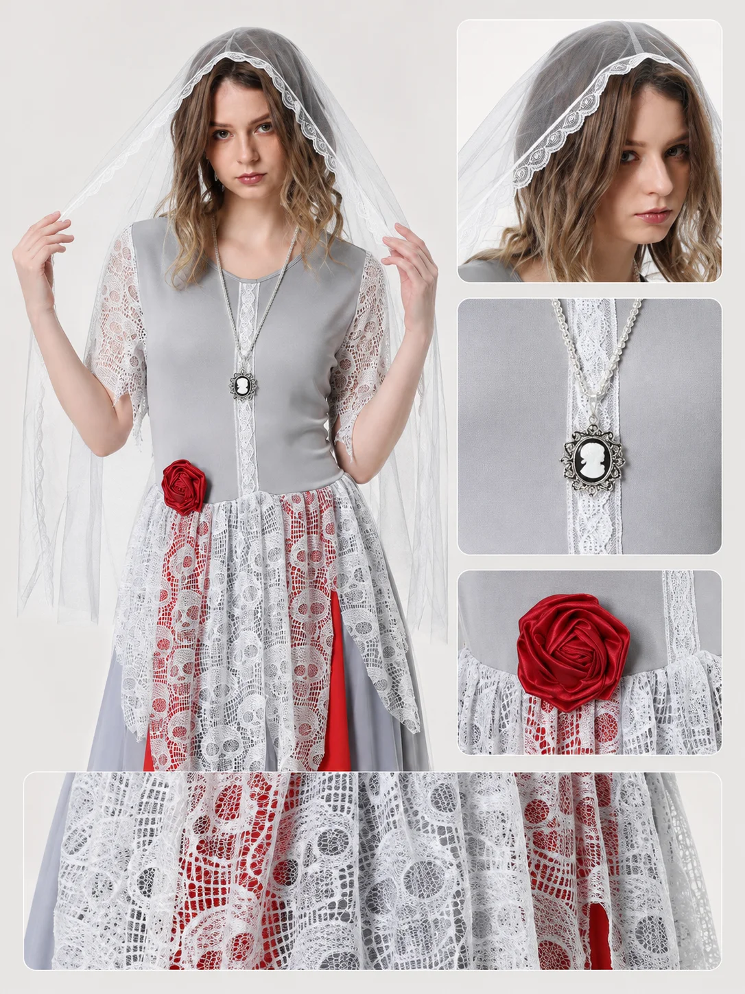 Women Halloween Ghost Bride Cosplay Costume Grey Long Lace 6 | PricZone Women Halloween Ghost Bride Cosplay Costume Grey Long Lace 6 | PricZone