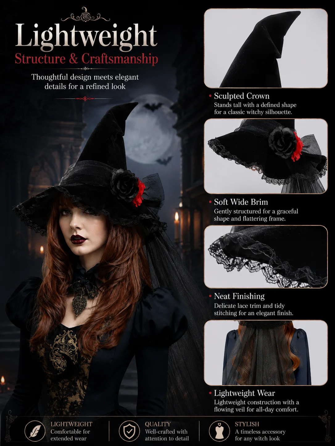 Lace Flower Tulle Witch Hat for Women Velvet Pointed Wide 13