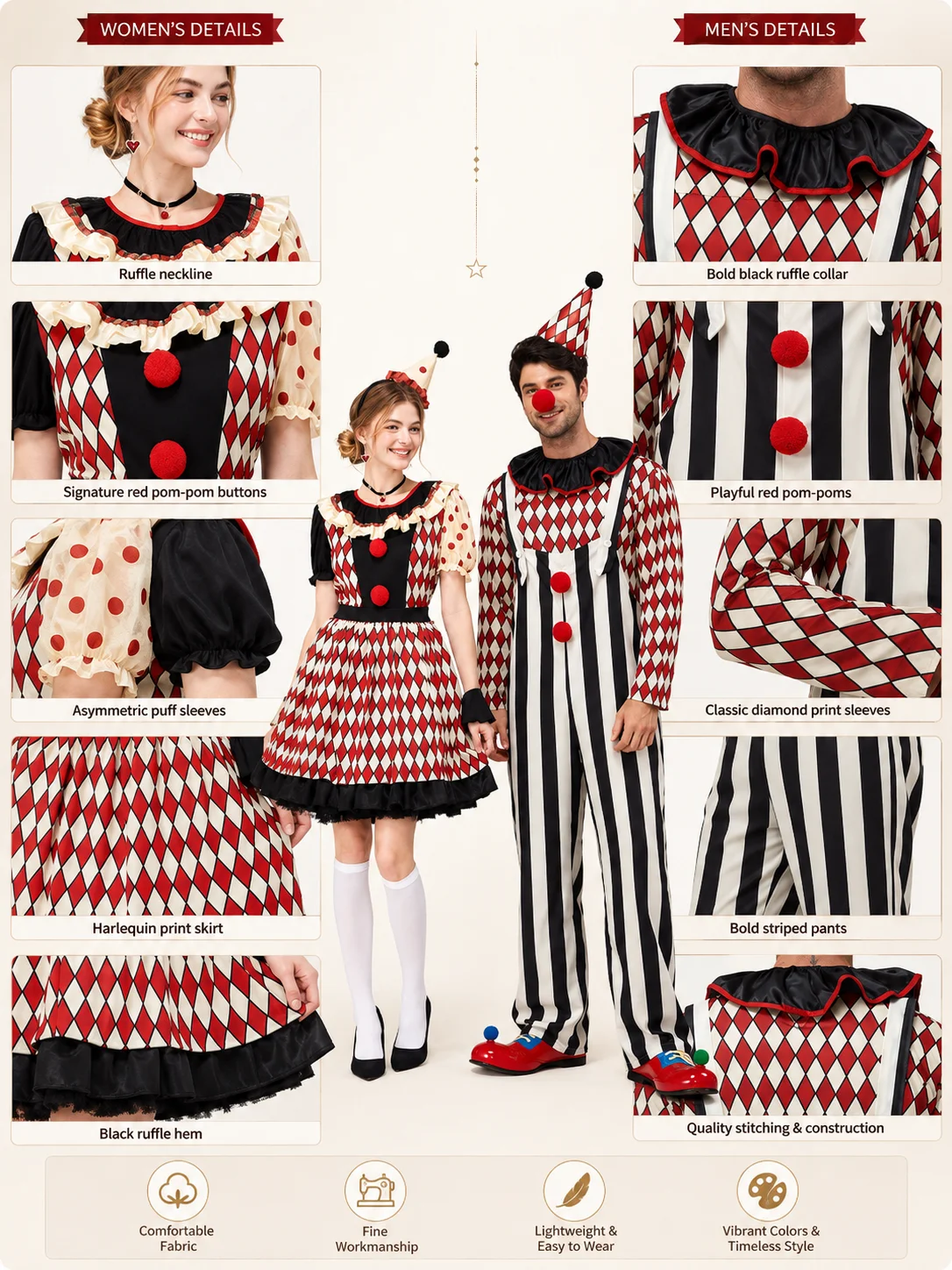 Couples Clown Costume for Men Women Retro Circus Diamond 6 | PricZone Couples Clown Costume for Men Women Retro Circus Diamond 6 | PricZone