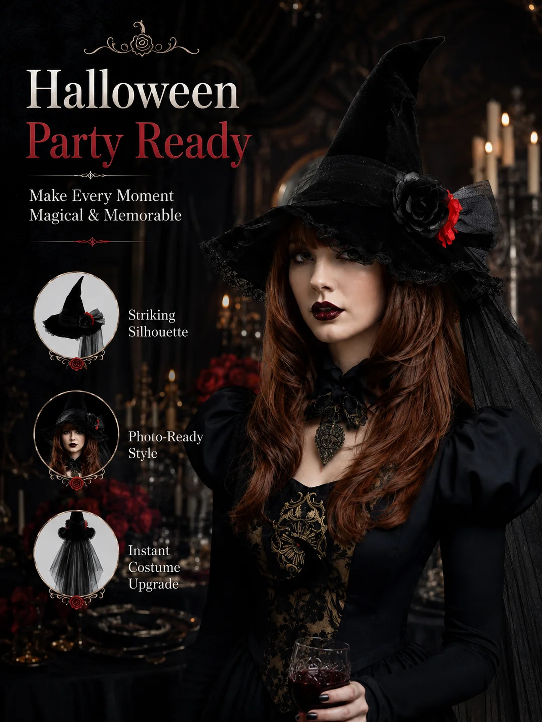 Lace Flower Tulle Witch Hat for Women Velvet Pointed Wide 16