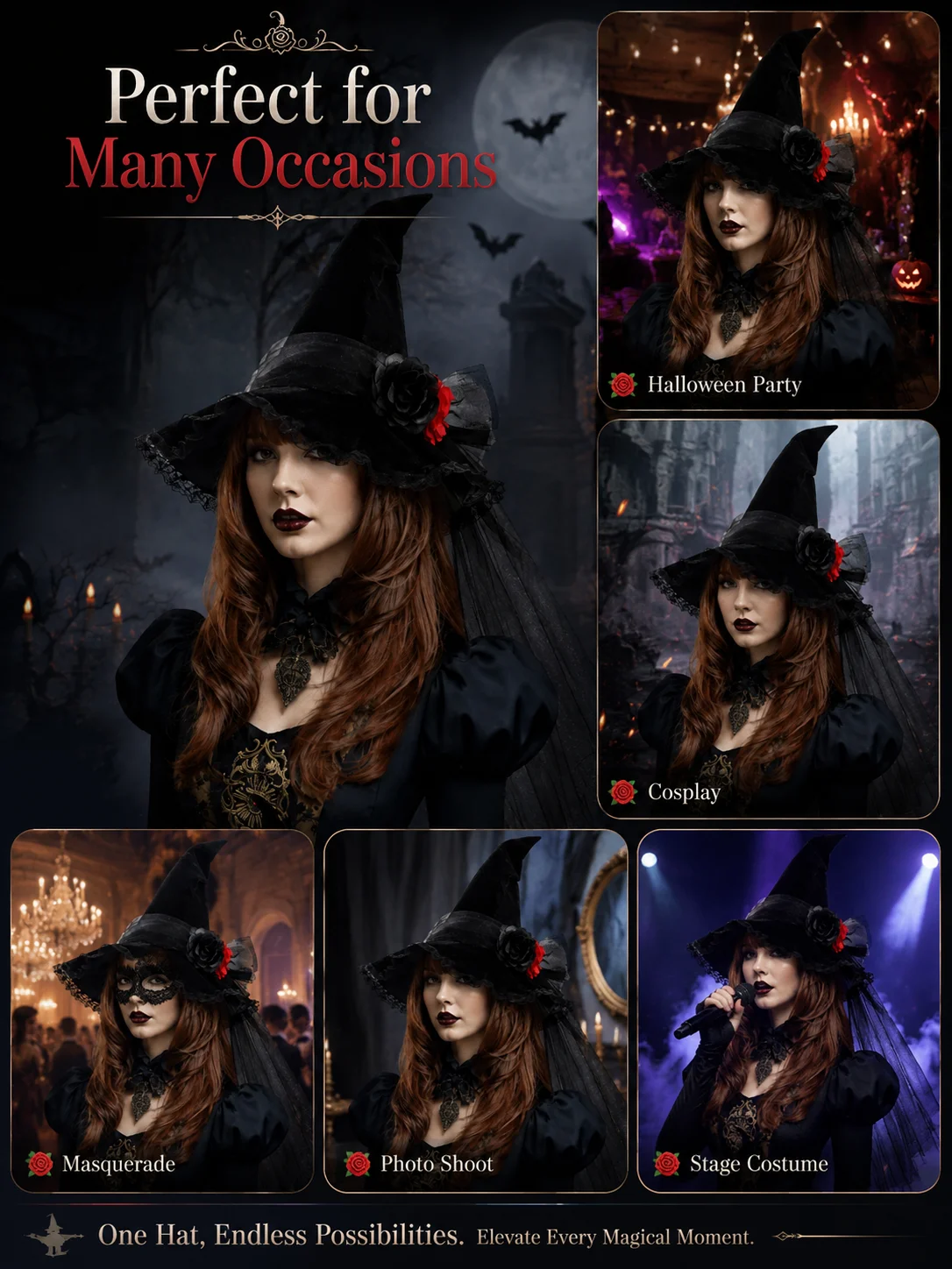 Lace Flower Tulle Witch Hat for Women Velvet Pointed Wide 18