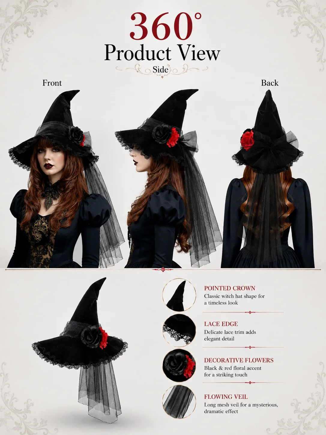 Lace Flower Tulle Witch Hat for Women Velvet Pointed Wide 11