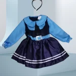 Girls Blue and Navy Color Block Lapel Dress Set with Rabbit 3 | PricZone