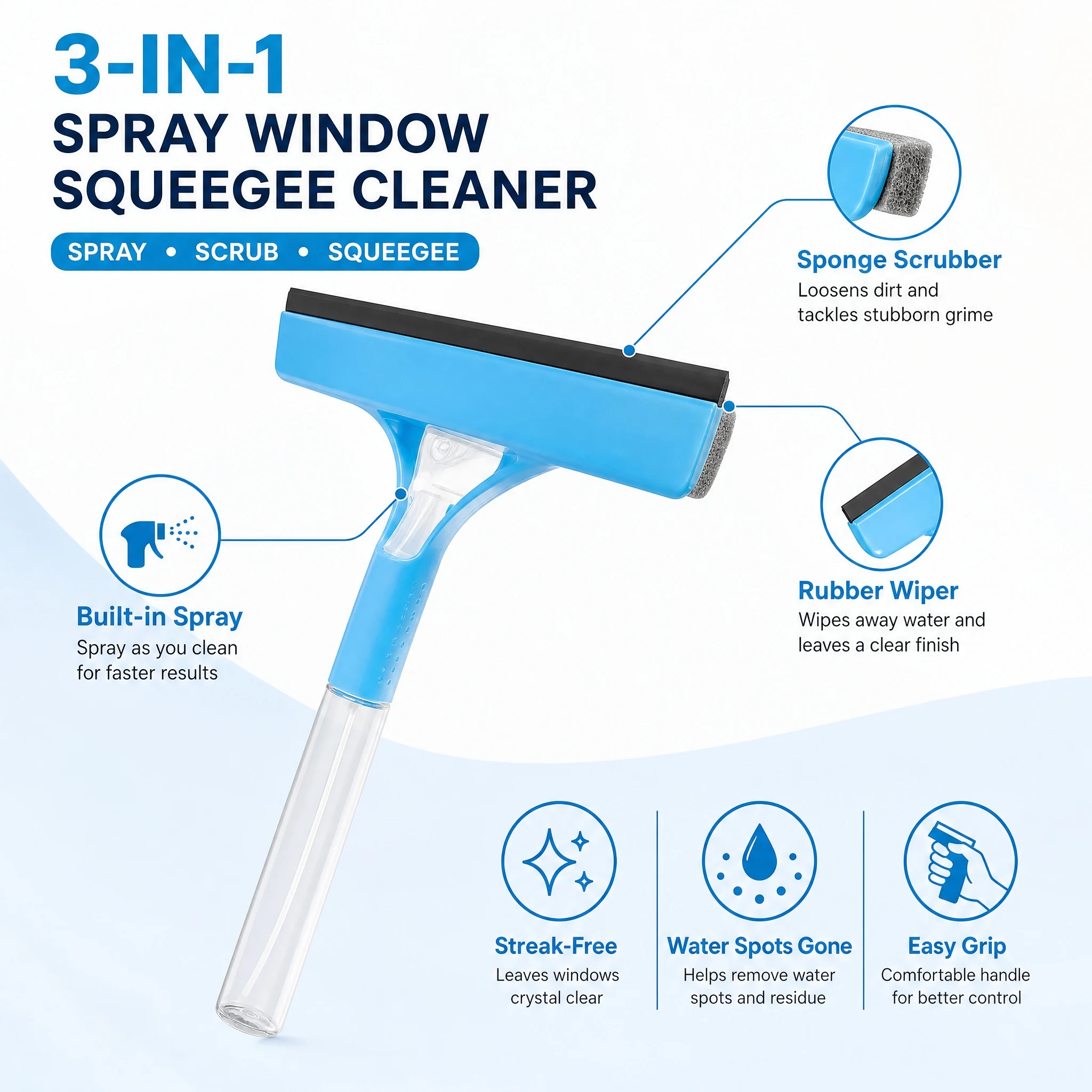 Window Squeegee with Built-In Spray 3-In-1 Glass Cleaner 7